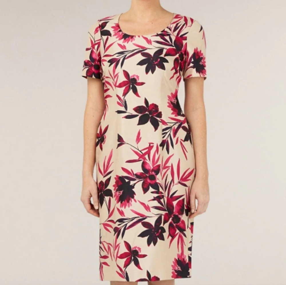 JACQUES VERT | Pink & Cream Bamboo Print Tropical Dress sz 12